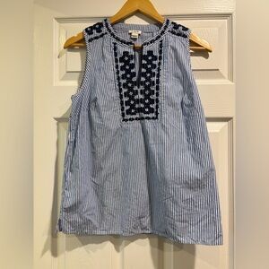 J. Crew Blue and White Striped Top with Black Embroidery